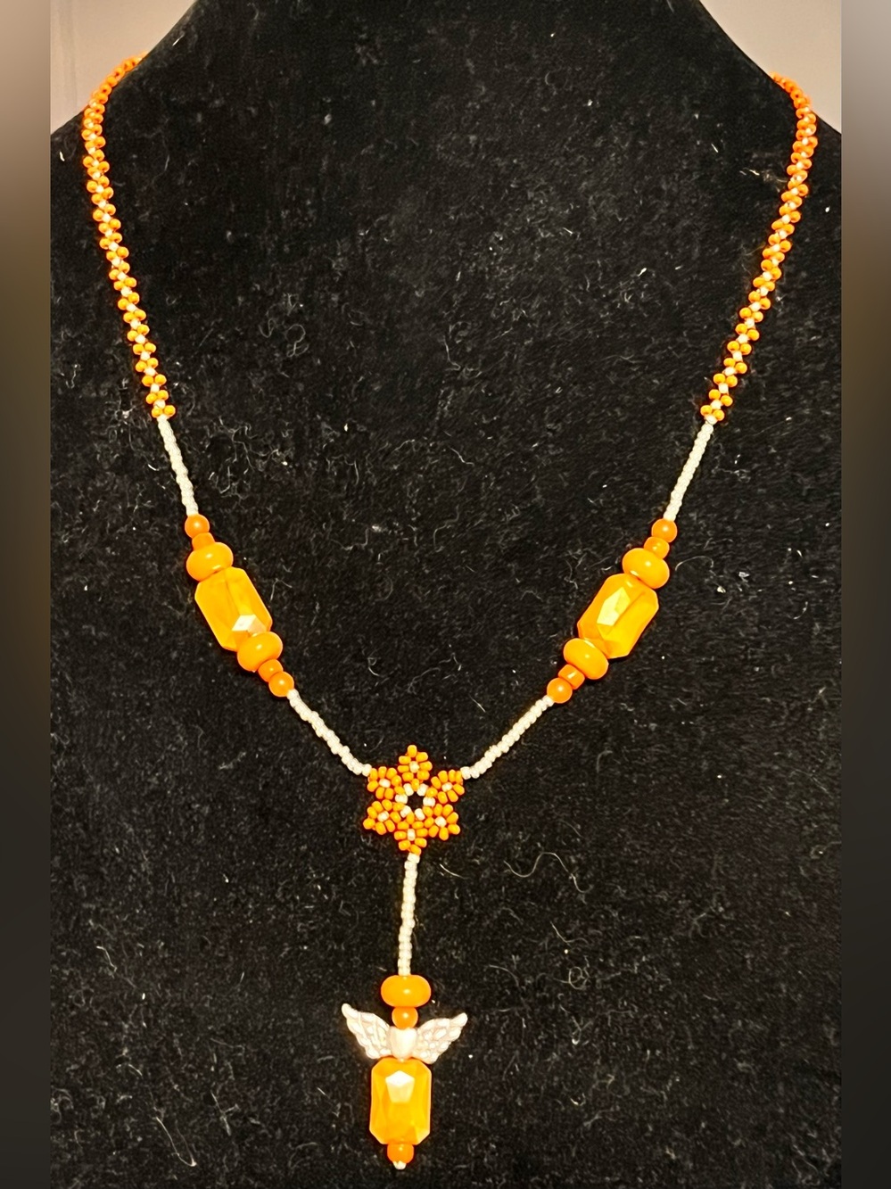 Handcrafted Orange Beaded Necklace with angel wing pendent by